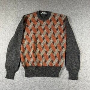 Baskin Mens Medium Crewneck Sweater Basketweave Knit Grey Orange Vintage